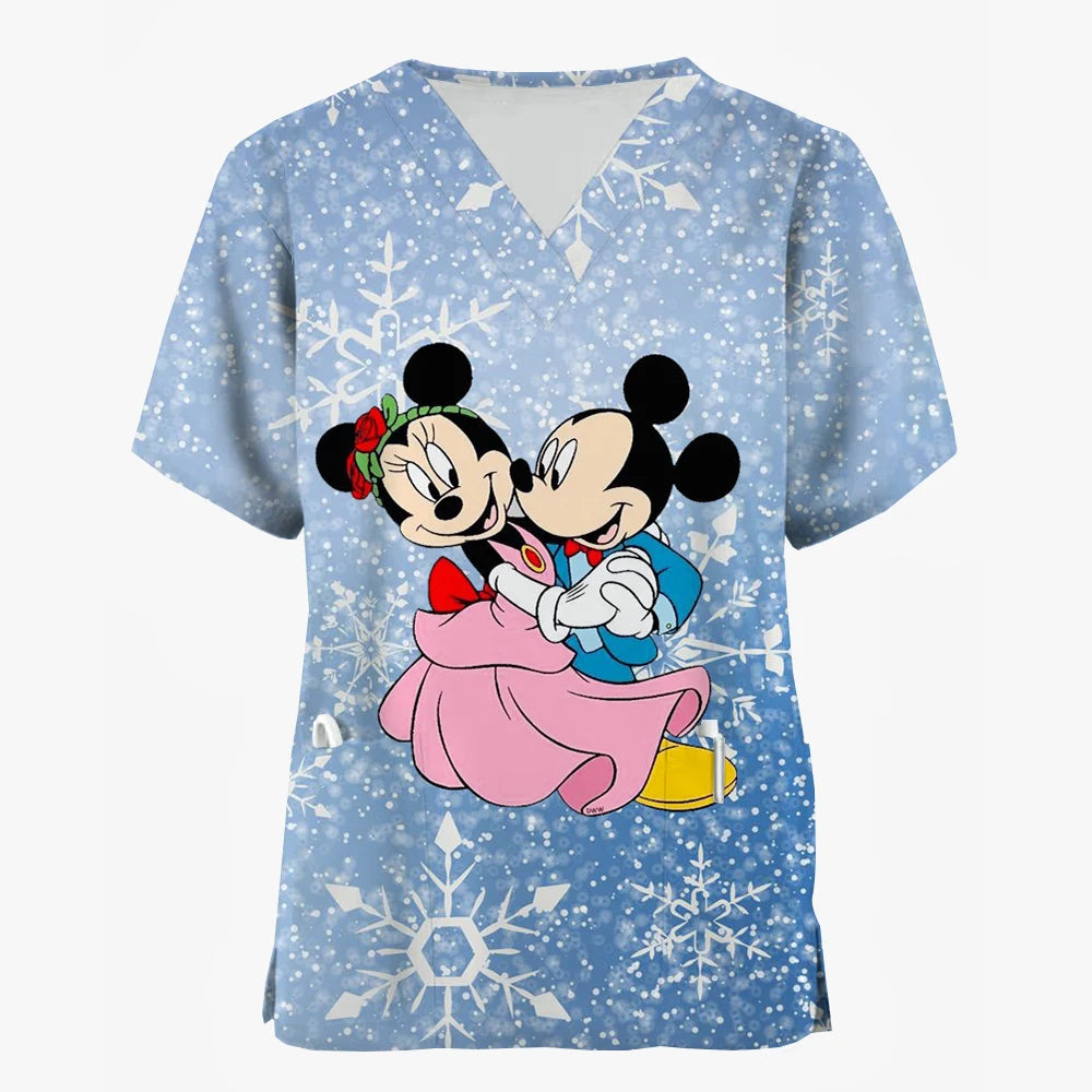 2024 Disney Uniform Women's Cartoon Stitch Print Nurse Work Shirt Pocket Gown Christmas Healthcare Nurse Scrubs