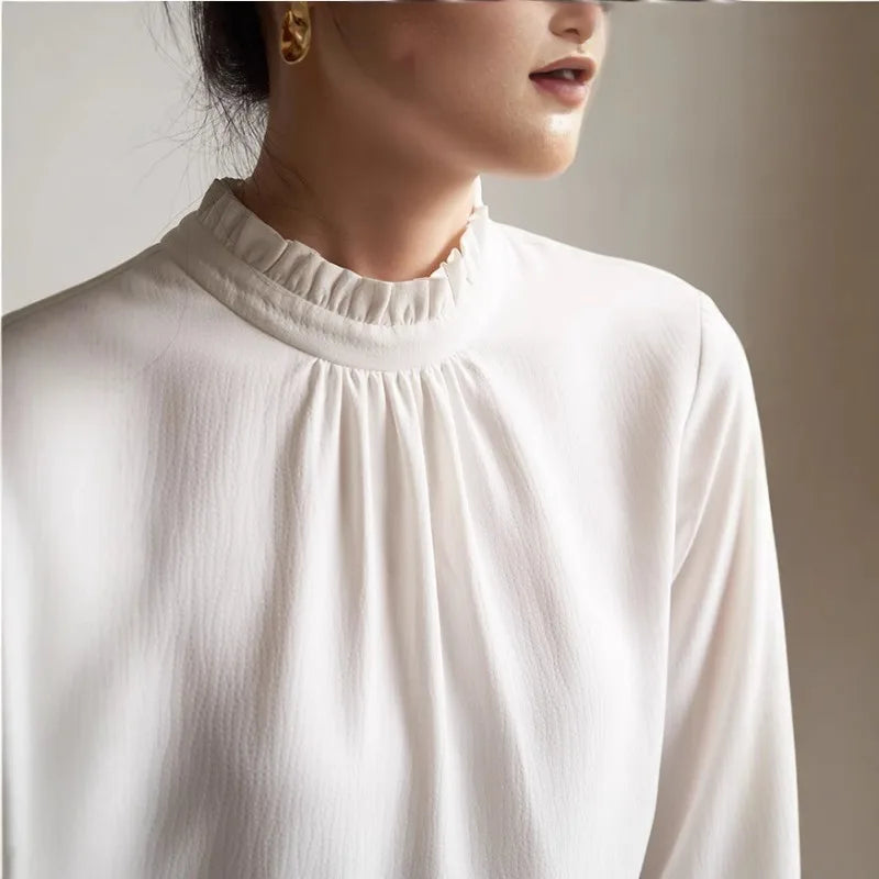 Ruffles Elegant Women Blouses Woman White Shirt Long Sleeve Shirts Office Lady Business Commuter  Solid Women Work Tops French