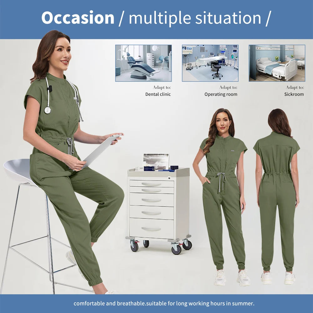 Niaahinn Zipper Neck Lab Jumpsuit Pet Grooming Nurse Uniform Onesie Short Sleeved Scrubs Workwear Health Service Nursing Clothes