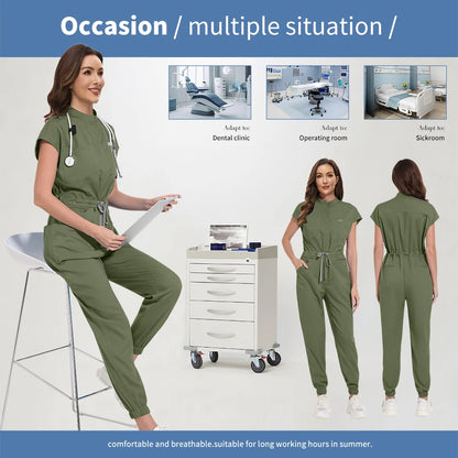 Niaahinn Zipper Neck Lab Jumpsuit Pet Grooming Nurse Uniform Onesie Short Sleeved Scrubs Workwear Health Service Nursing Clothes