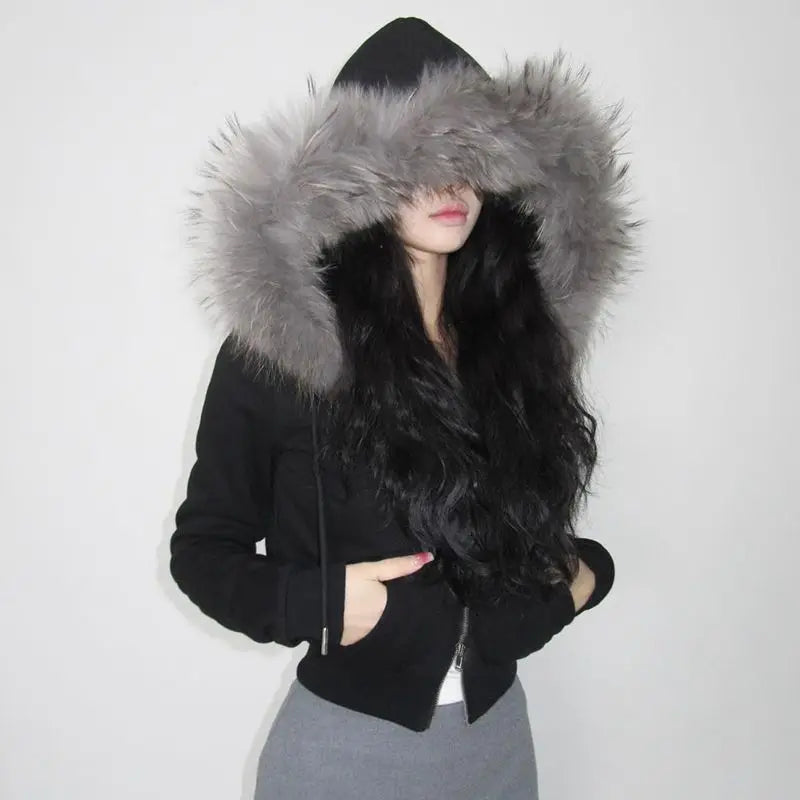 Patchwork Furry Hooded Sweatshirt for Women Y2k Tops Streetwear Casual Hoodies 2025 Ropa Mujer Korean Fashion Zipper Crop Hoodie