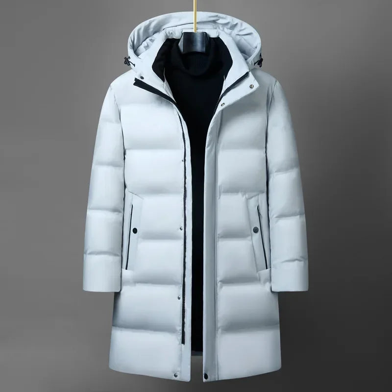 Winter Fashion Down Jacket for Men Men's White Duck Down Jackets Hooded Warm Thick Long Parkas Man Slim Fit Medium Length Coats