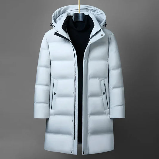 Winter Fashion Down Jacket for Men Men's White Duck Down Jackets Hooded Warm Thick Long Parkas Man Slim Fit Medium Length Coats