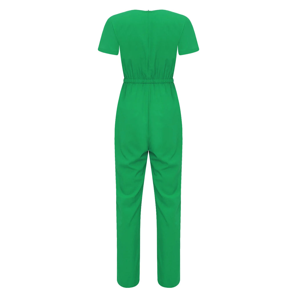 Women Scrub Jumpsuit Nurse Doctor Medical Esthetician Workwear Short Sleeve Multi-pockets Elastic Waist Jogger Pants Rompers