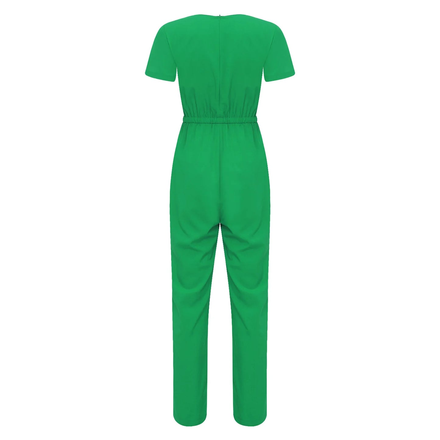 Women Scrub Jumpsuit Nurse Doctor Medical Esthetician Workwear Short Sleeve Multi-pockets Elastic Waist Jogger Pants Rompers