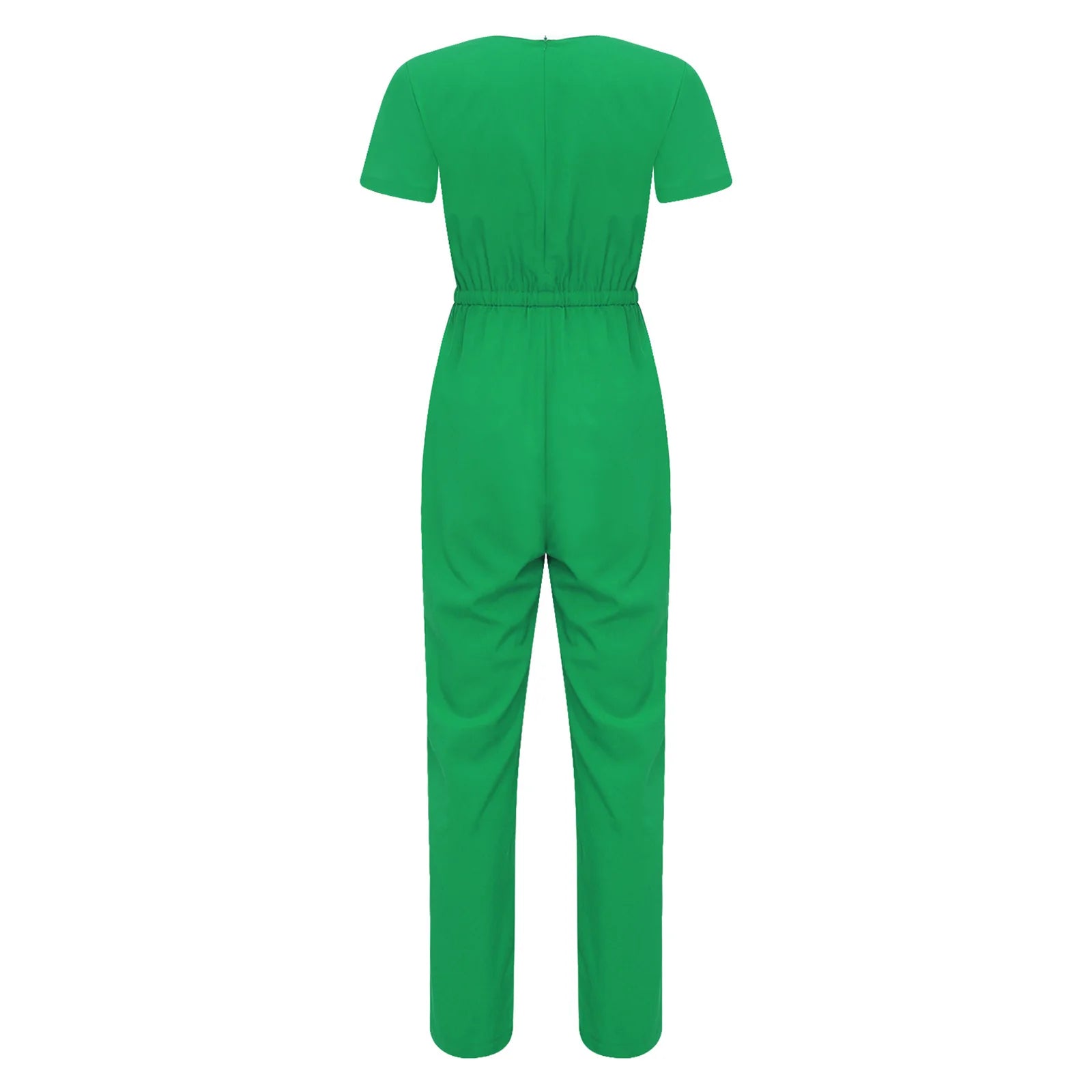 Women Scrub Jumpsuit Nurse Doctor Medical Esthetician Workwear Short Sleeve Multi-pockets Elastic Waist Jogger Pants Rompers