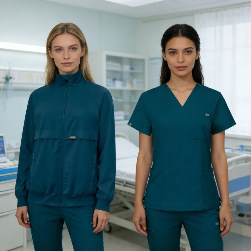 Elastic V-neck nurse hand washing suit three piece set, short sleeved pants and jacket, comfortable surgical suit set