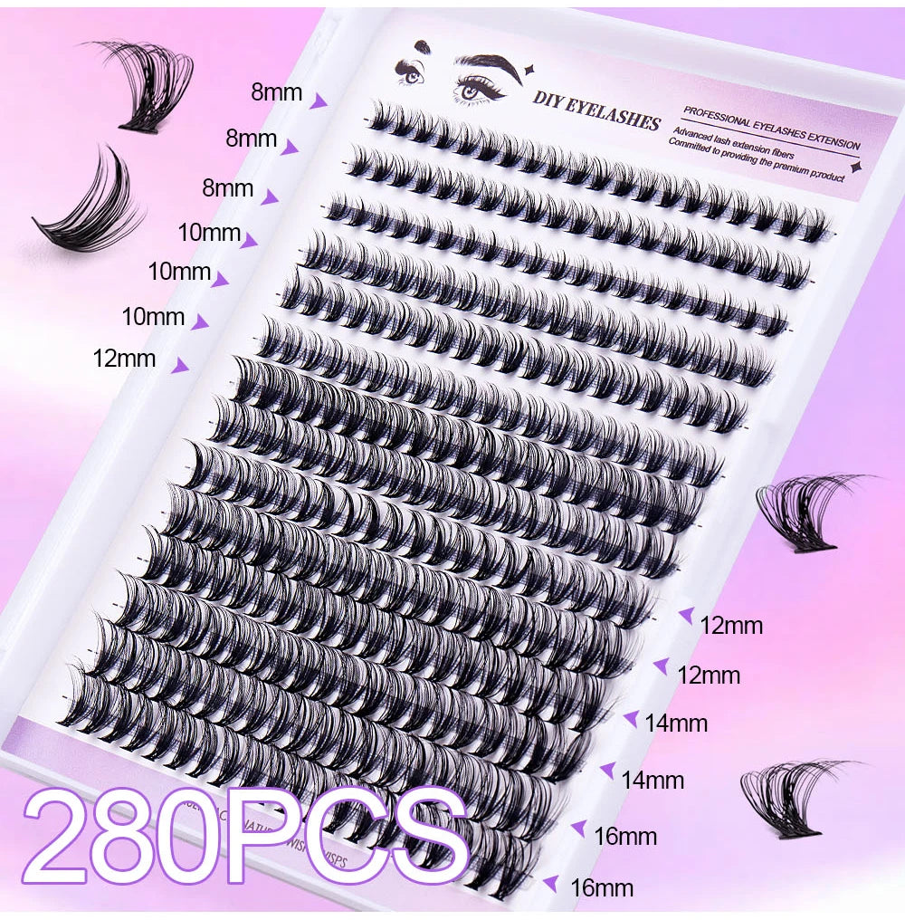 DIY Eyelash Extension Kit, 280 PCS Clusters Slender Stems, Super Fixed Mascara Brush Bond and Seal Eyelash Glue and Eyel