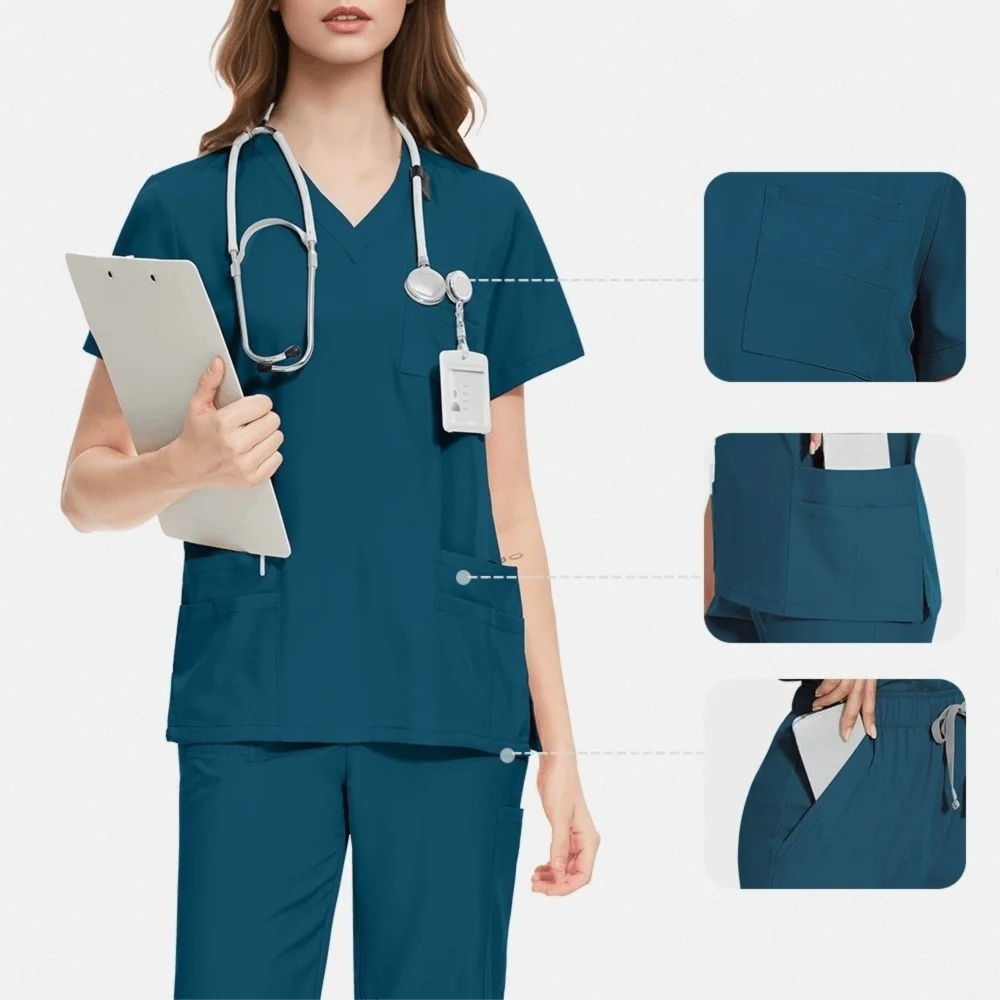 Soft Pink Clinical Uniform Healthcare Scrub Top & Pants Hospital Doctor Nurse Uniform Work Clothes with Pockets Scrubs Sets