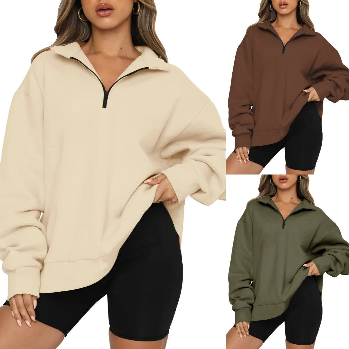 Women Sweatshirts Turn Down Collar Zipper Pullovers Long Sleeve Spliced Thick Warm Sweatshirt Outwear Autumn Winter 2024