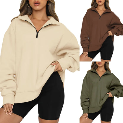 Women Sweatshirts Turn Down Collar Zipper Pullovers Long Sleeve Spliced Thick Warm Sweatshirt Outwear Autumn Winter 2024