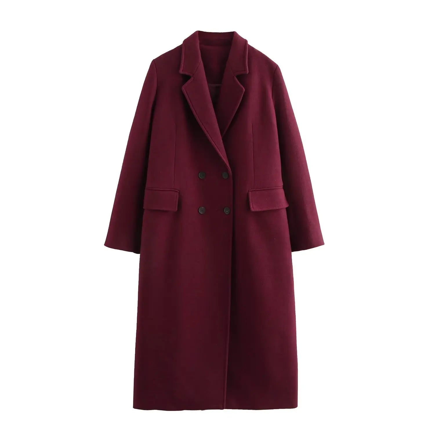HH Female Autumn Winter Fashion Woolen Long Coat Woman Casual Turn-Down Collar Long Sleeves Pockets Double Breasted Coat