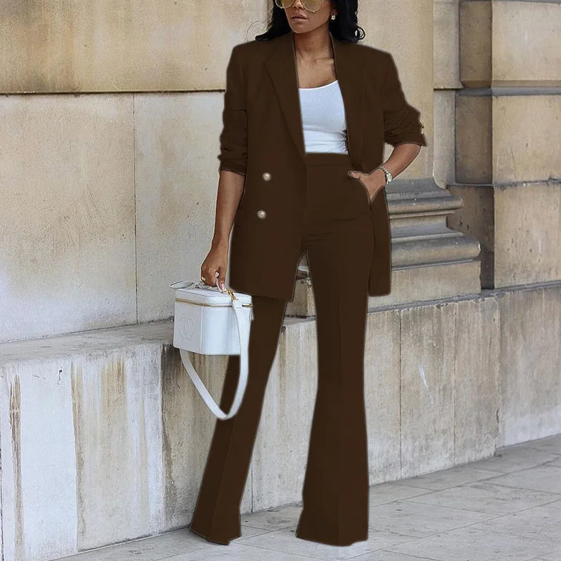 BAMBOOBOY Elegant Women Double Breasted Long Sleeve Blazers with Pocket and Flare Pants Suit Matching Two 2 Piece Set Outfits