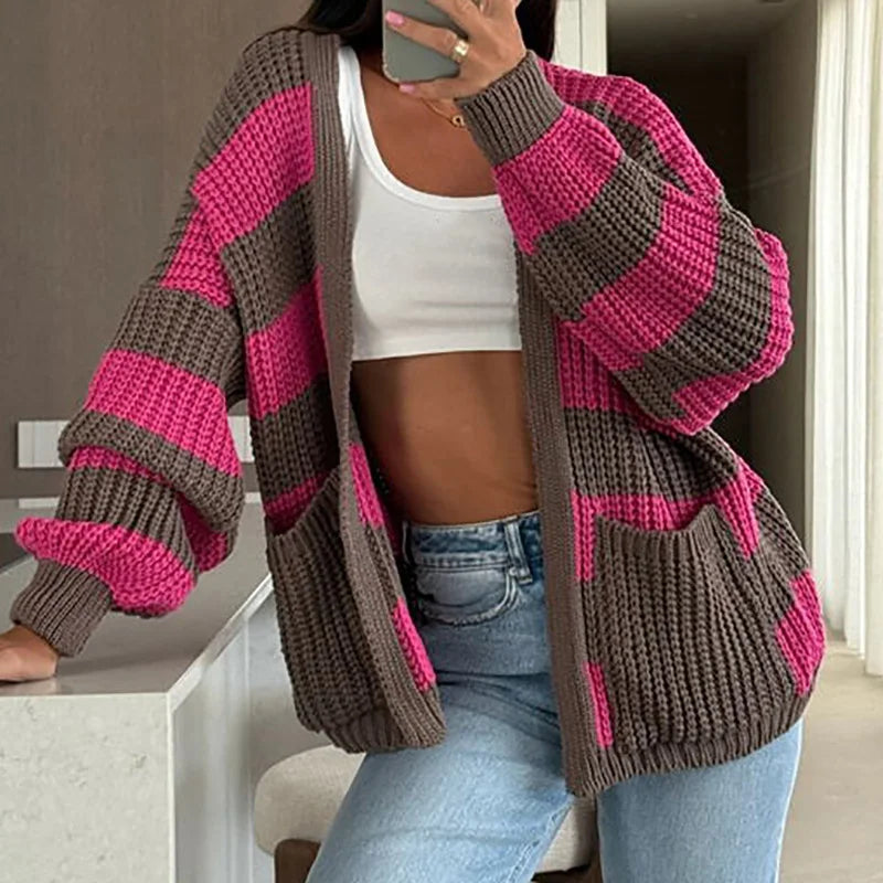Autumn Winter Warm Knitted Sweater for Women Fashion Contrast Color Loose Top Cardigan Casual Long Sleeve Pocket Jumper Harajuku