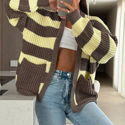 Autumn Winter Warm Knitted Sweater for Women Fashion Contrast Color Loose Top Cardigan Casual Long Sleeve Pocket Jumper Harajuku