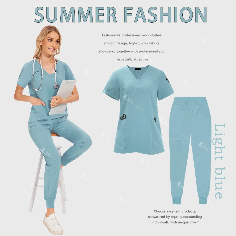 Medical Scrub Set Women Wholesale Hospital Doctor Dentist Work Clothes Surgical Scrub Top Jogging Pants Multicolor Nurse Uniform