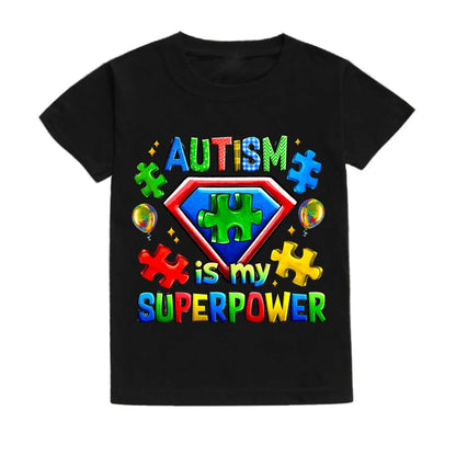 Autism Is My Superpower Kids Tshirt Autism Awareness Youth Shirt Toddler Short Sleeve Clothes Colorful Puzzle Boys Tee