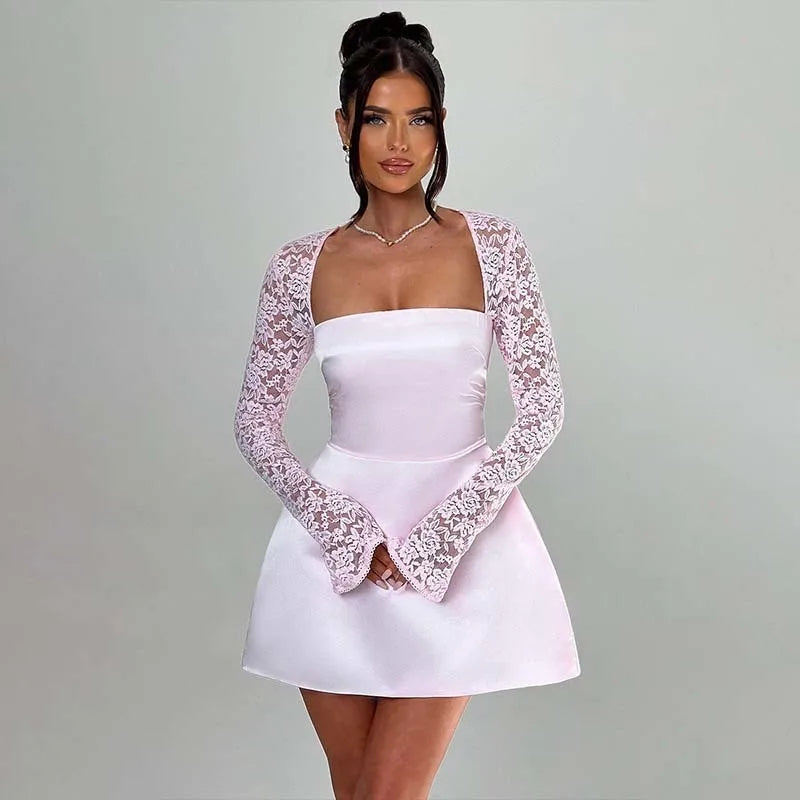 Townlike Lace Patchwork Waist Wrap A-line Dress Women Mini 2024 Autumn Winter Dress Backless Nightclub Sexy Party Dresses