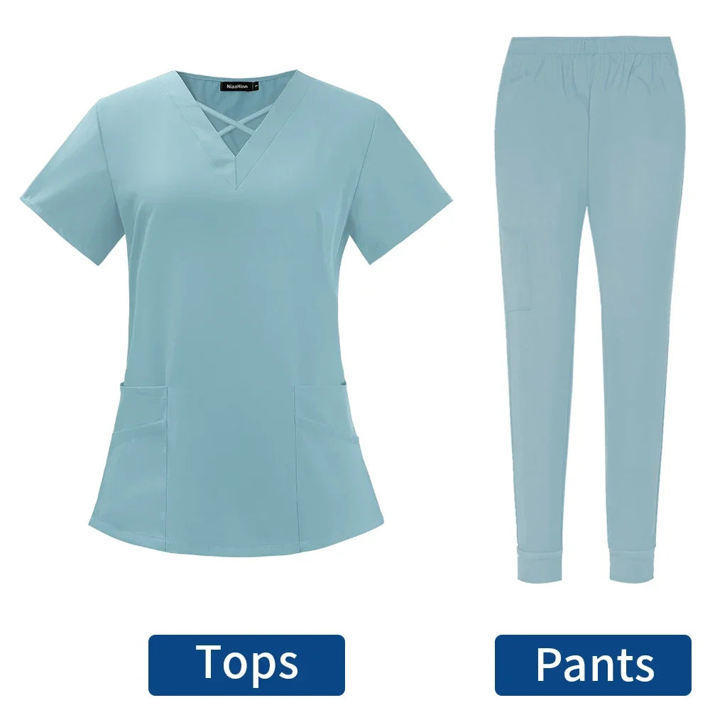 Clearance Scrubs Nursing Uniforms for Women Men Anesthetist Set Tops and Jogger Pants Thin Fabric Operating Room Doctor Workwear
