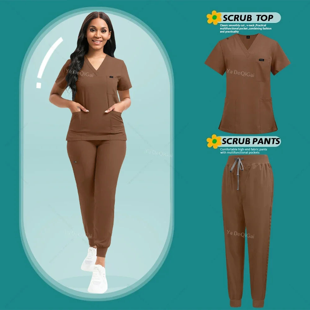 Brown Scrubs Set Wholesale Operating Room Uniforms Medical Scrubs Set Hospital Workwear Dental Beautician Top Pants Surgery Suit