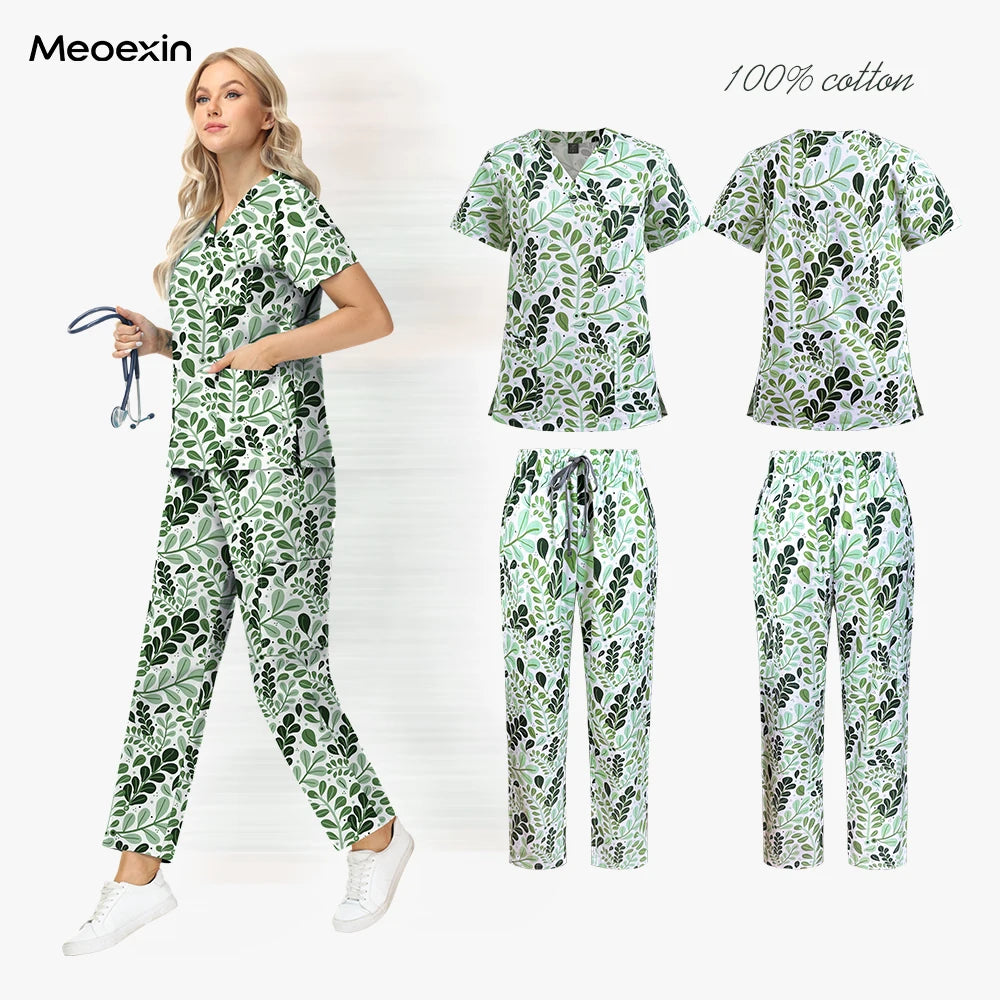 Scrubs Uniform Woman Cotton Print Scrub Healthcare Scrubs Women Fashion with Pockets Short Sleeve Nurse Uniform Tops Pants Sets
