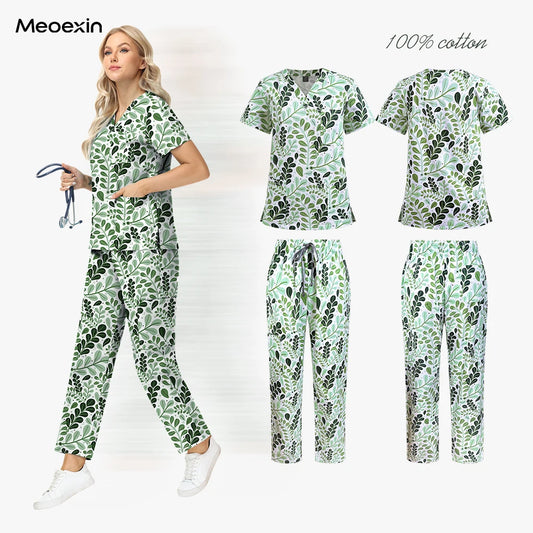Scrubs Uniform Woman Cotton Print Scrub Healthcare Scrubs Women Fashion with Pockets Short Sleeve Nurse Uniform Tops Pants Sets