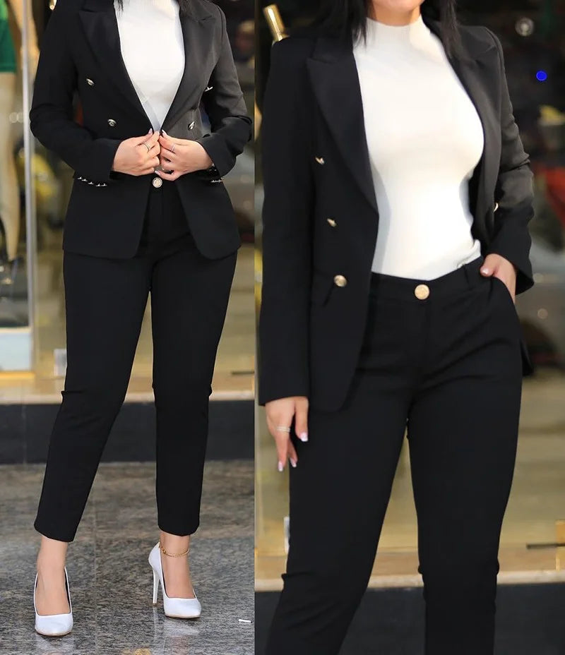 Sets for Women 2 Pieces 2023 Autumn Fashion Notched Neck Long Sleeve Blazer & Elegant High Waist Work Pants Set Office Lady