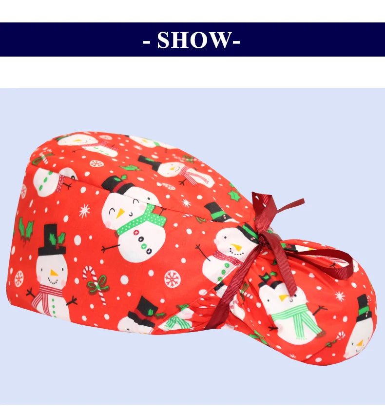 Christmas Snowman Scrub Caps for Long Hair Cotton Surgical Hats Dental Nursing Caps Women Men Hospital Clinic Medical Caps C1093