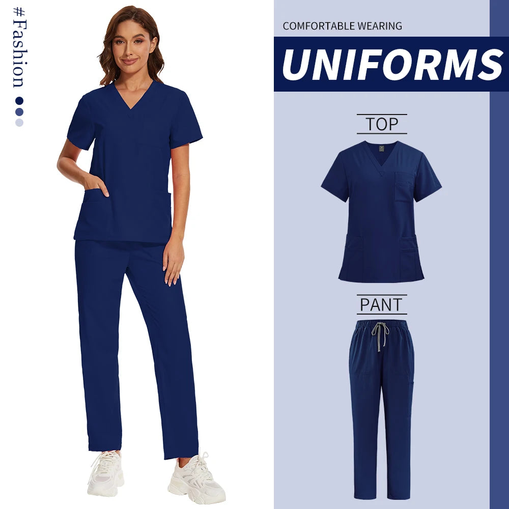 Nursing Operating Room Clothes Medical Scrubs Uniform Women Nurse Scrub Set Pocket Top+Pants 2 Piece Suit