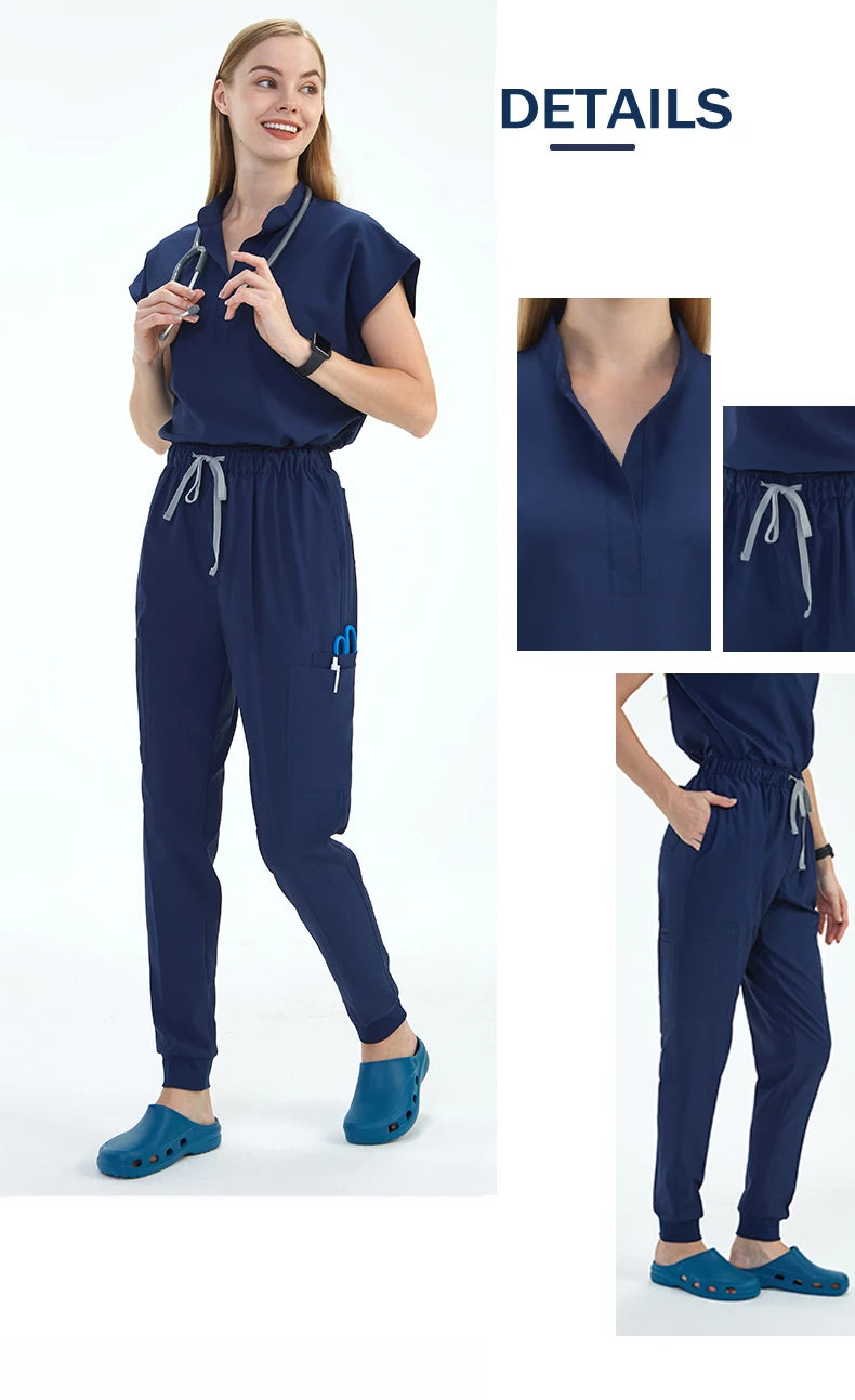 Premium Women's Scrub Sets Mandarin Collar Nurse Uniform Doctor Clothes Tunic Jogger Pant Surgical Scrubs Outfit 10 Pockets S180