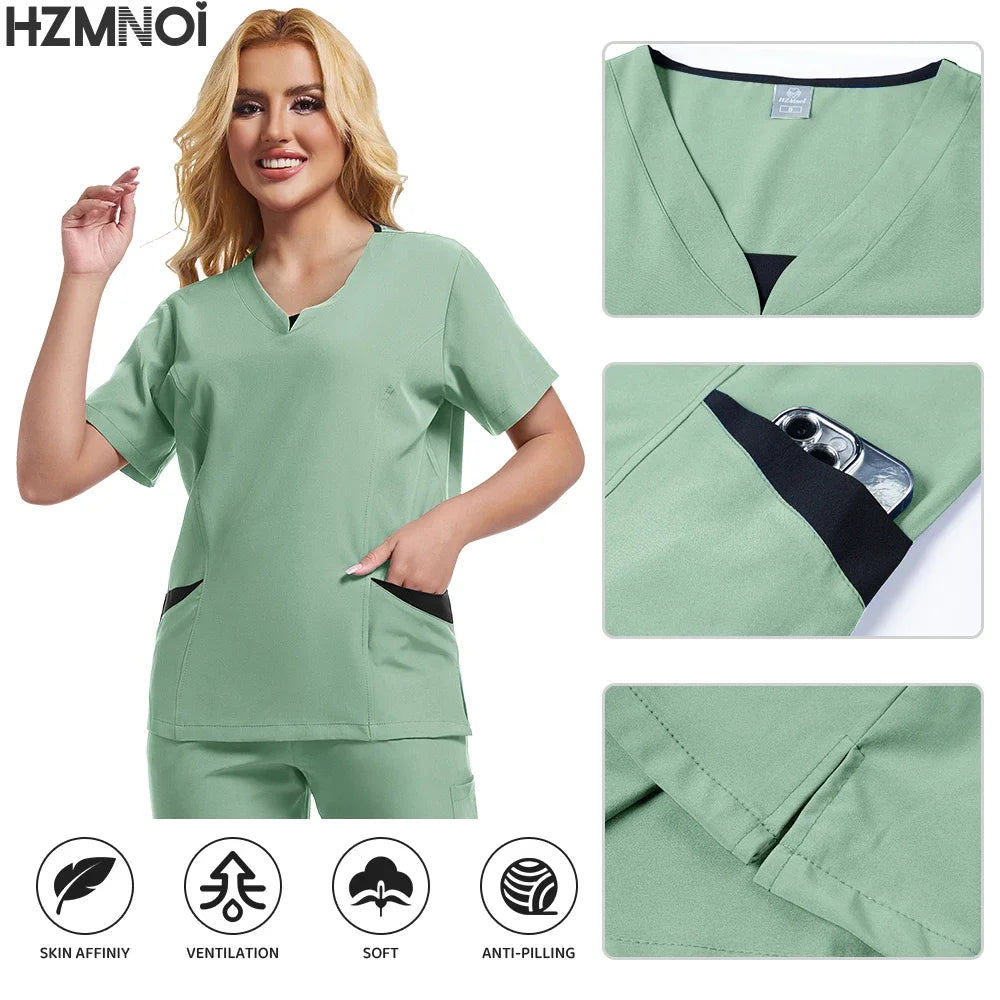 New Scrubs Uniform Suit Short Sleeve V-neck Tops+ Pants Set Nursing Uniform Women Multicolor Pet Doctor Scrub Medical Workwear