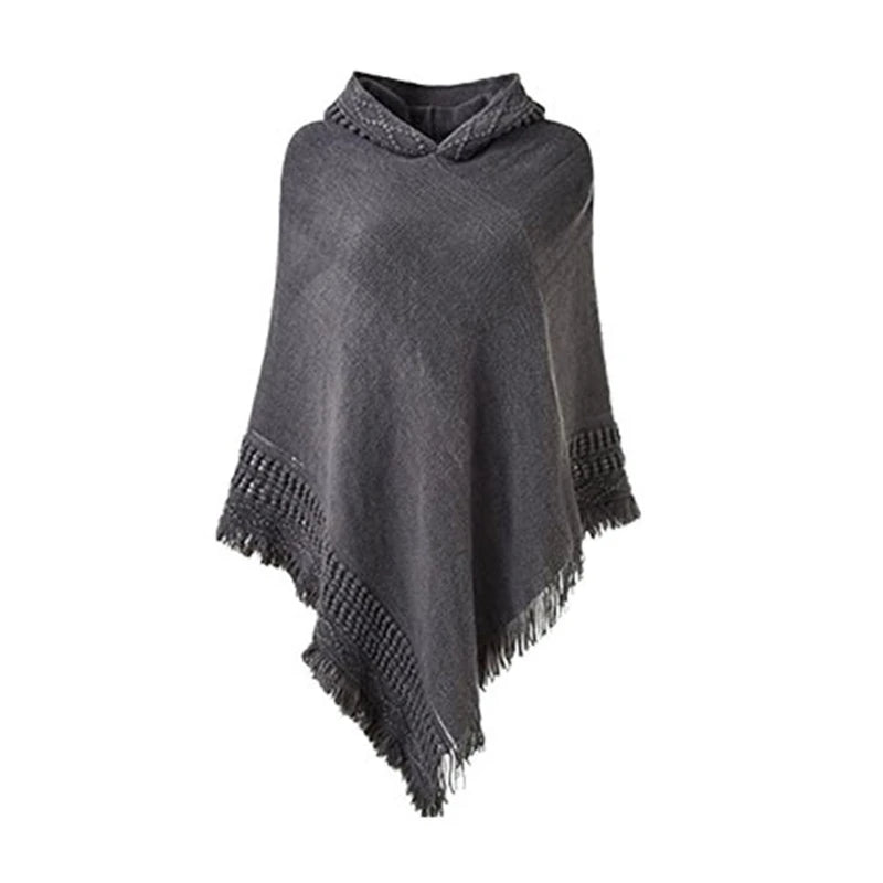 Women Winter Warm Knitted Hooded Poncho Cape Solid Color Crochet Fringed Tassel Shawl Wrap Oversized Pullover Cloak Sweater Top