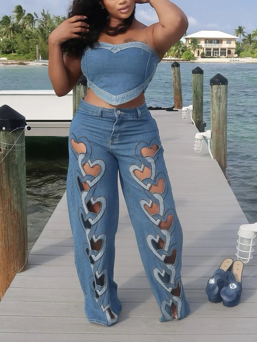 CHICEVER Retro Hot Girl Two Piece for Women Strapless Sleeveless Patchwork Denim Vest  Irregular Hollow Pant Summer Suit Female