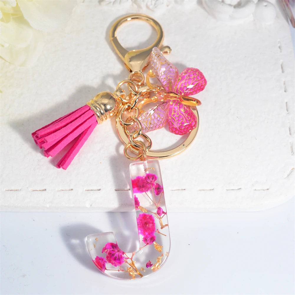 Exquisite Pink Dry Flower Resin 26 Initial Keychain Butterfly Tassel Pendant A to Z Keyring for Women Valentine's Day Gift