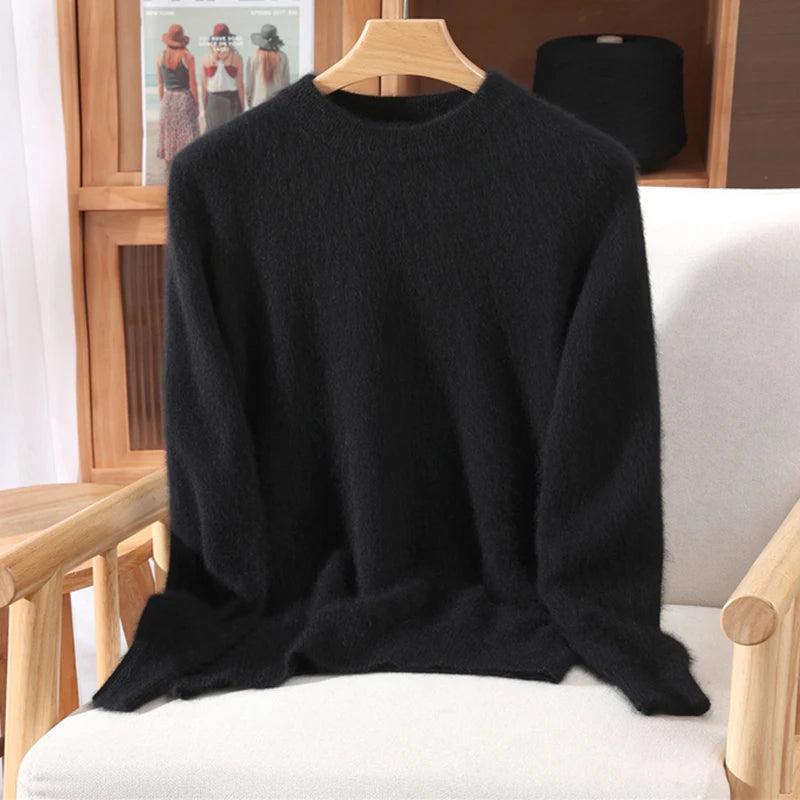 Autumn Winter Sweater Pullover Women's Clothing 100% Mink Cashmere Sweater Pullover O-Neck Basic Long Sleeve Warm Fleece Knitted