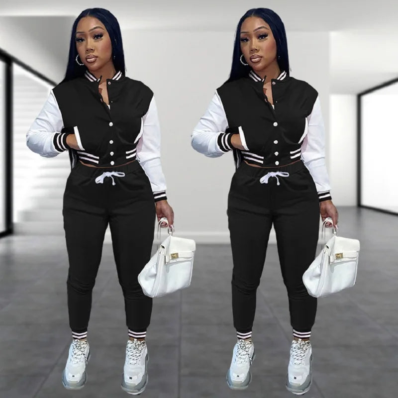 New Women's Stitching Jacket Single-breasted Baseball Sports Two-piece Suit