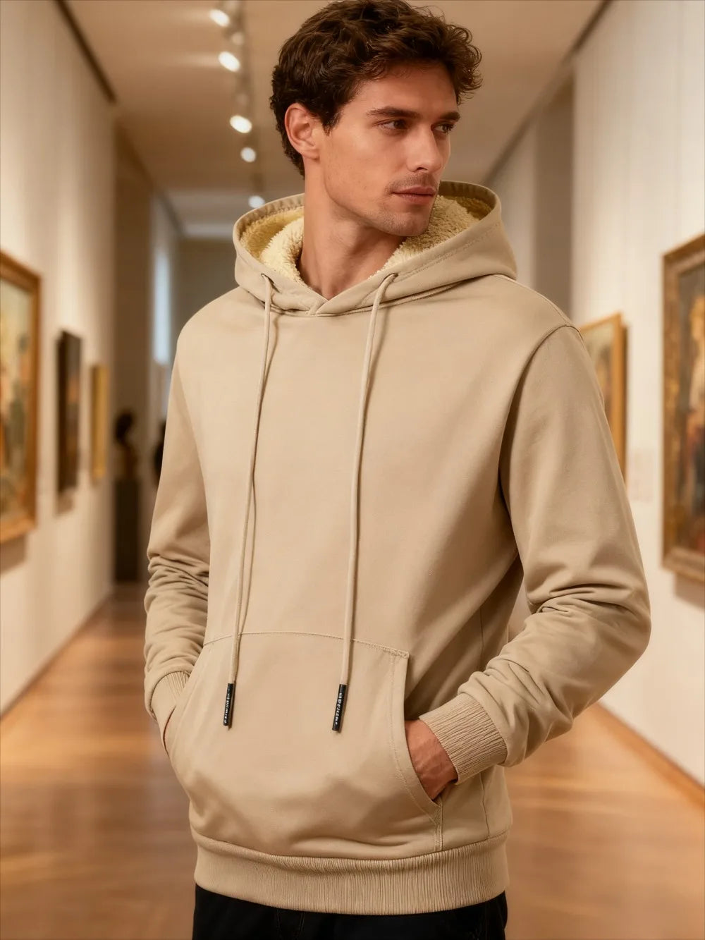 Winter Men's Fleece Hoodies Solid Color Casual Warm Long Sleeve Pullover New Crew Neck Hooded Sweatshirt Streetwear Men Clothing