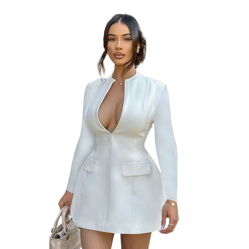 NIDANSSI White Deep V Pockets Evening Party Dress Women 2024 Robes Elegant Sexy Dress Bodycon Zipper Mini Autumn Dress Vestidos