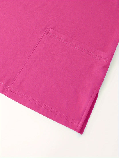 Coffee Letter Print V Neck Scrub Tops with Split, Elegant Patched Pockets Short Sleeve Nurse Uniform, Women's Clothing