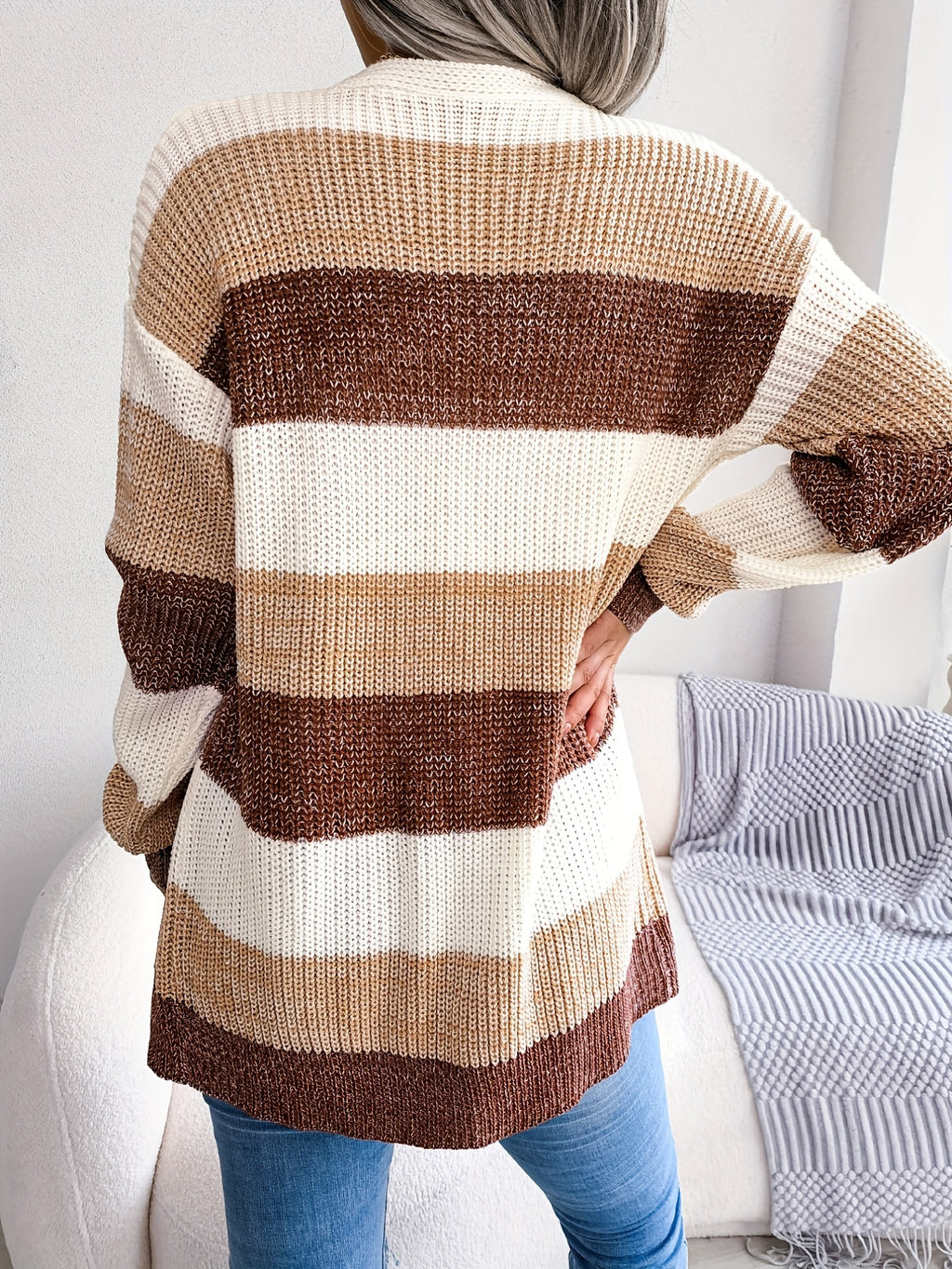 Striped Colorblock V-neck Cardigans, Casual Loose Drop Shoulder Long Sleeve Fall Winter Knit Cardigan, Women's Clothing