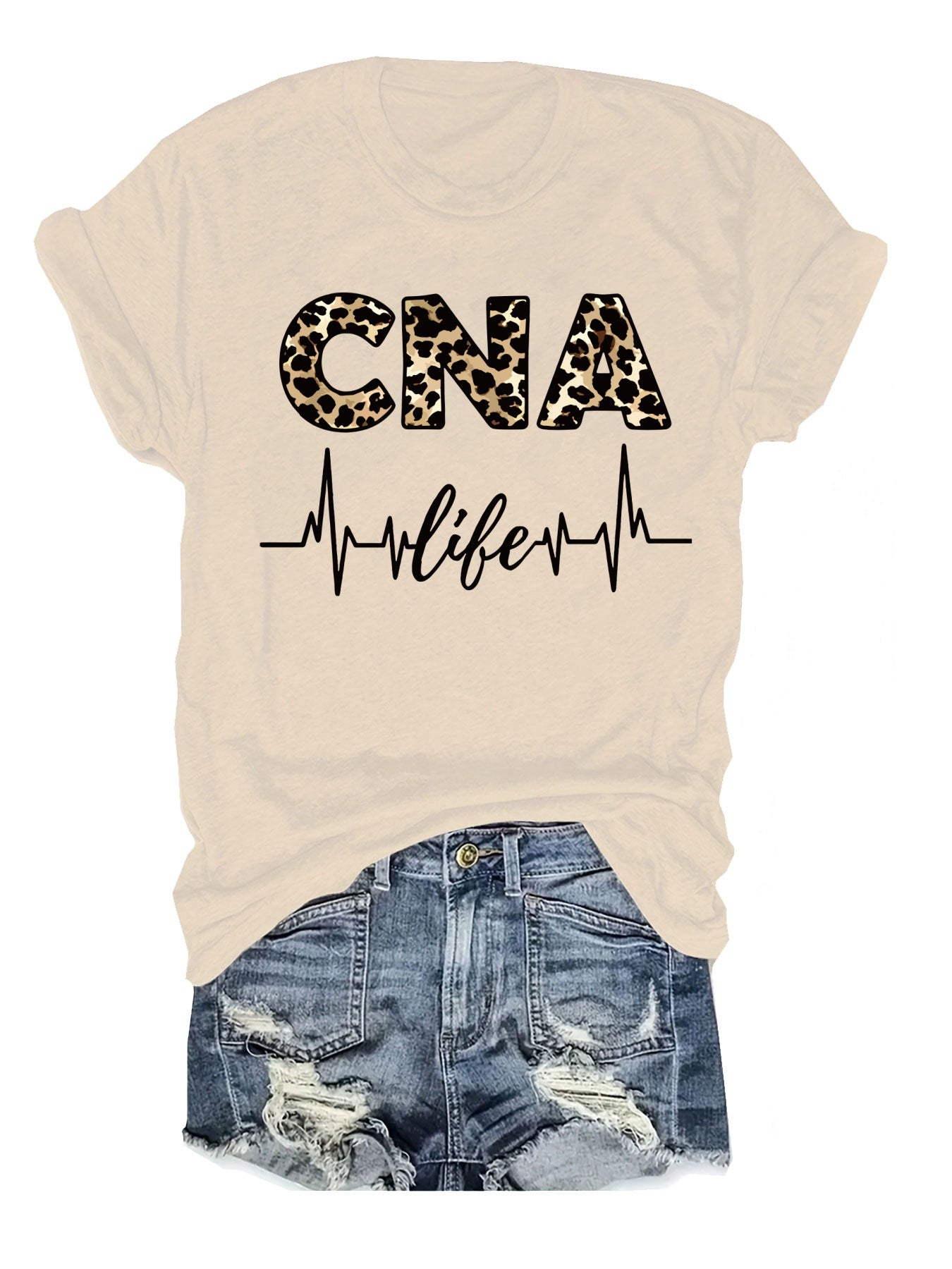 Women'S Casual CNA Graphic Tee - Red Crew Neck T-Shirt with Leopard Print "CNA" Design & Heartbeat Line, All-Season Fashion, Casual Wear|Leopard Print Top|Comfortable Fit, Nurses Shirt