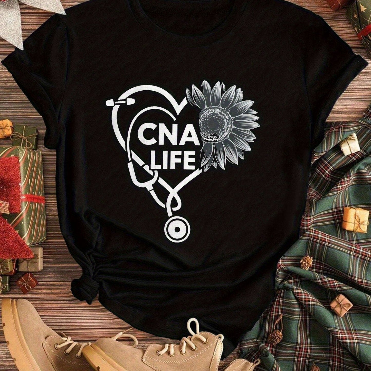 Women's CNA Life Graphic T-Shirt - Soft Casual Short Sleeve Round Neck Tee with Sunflower & Stethoscope Heart Print, Black & White Healthcare Professional Apparel, Machine Washable All-Season Comfort, Festive Clothing, Stetho