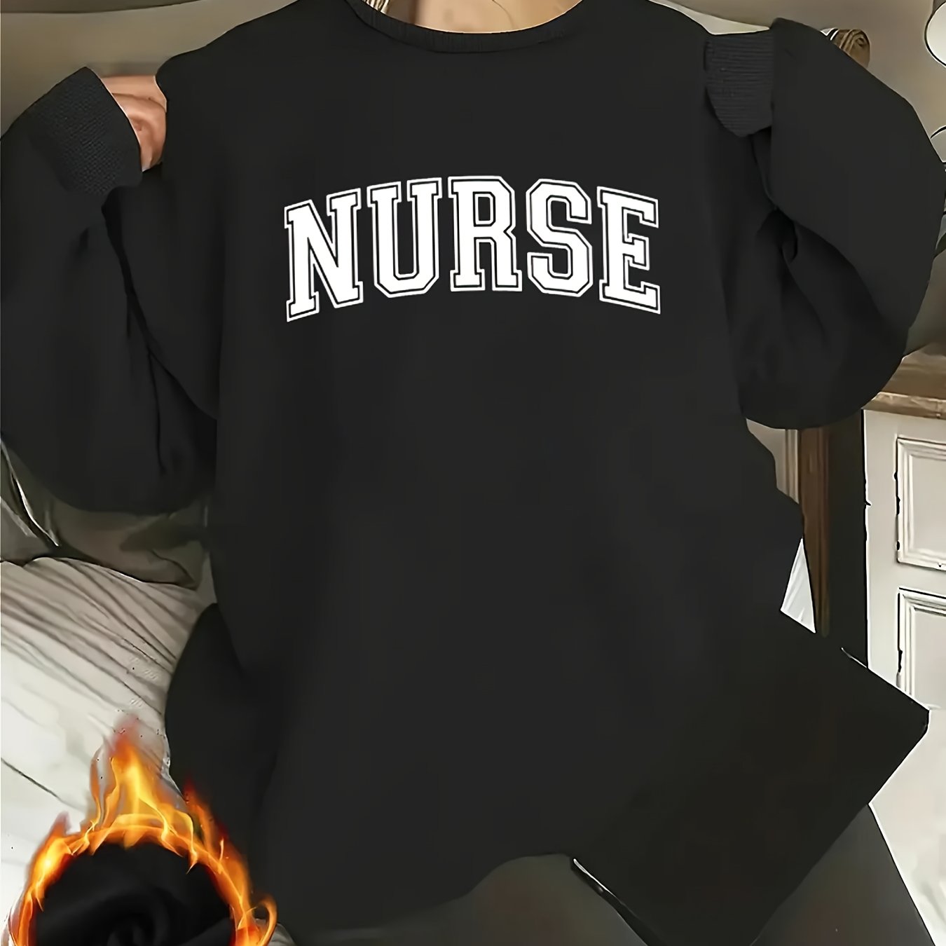 [Relaxed Fit] Women's "NURSE" Letter Print Crew Neck Sweatshirt - Cozy Long Sleeve Pullover, Casual Loose Fit, Perfect for Fall/Winter, Machine Washable, Polyester, Casual Wear|Casual Style|Machine Washable Garment
