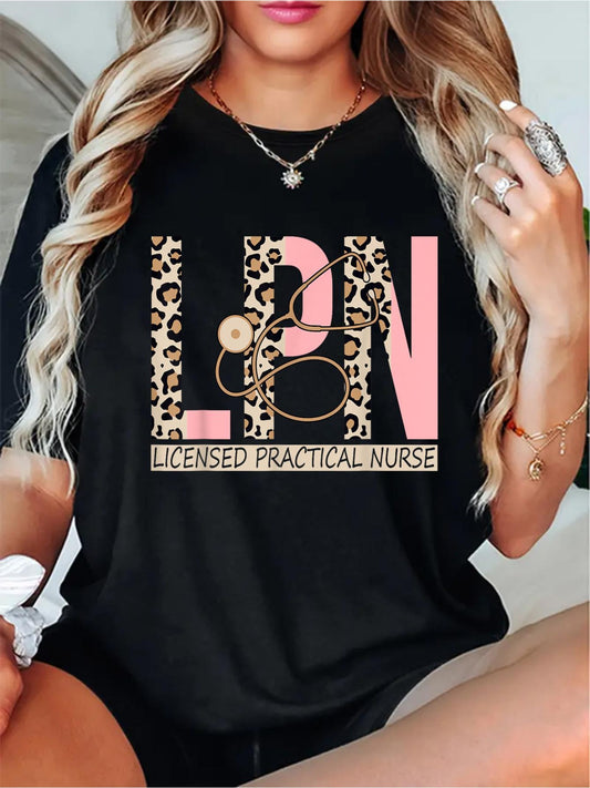180g Printed Round Neck Short Sleeve T-Shirt LPN - Leopard Nurse LPN Nursing Licensed Practical Nurse T-Shirt