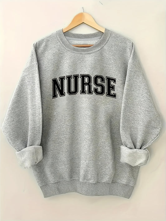 [Relaxed Fit] Women's "NURSE" Letter Print Crew Neck Sweatshirt - Cozy Long Sleeve Pullover, Casual Loose Fit, Perfect for Fall/Winter, Machine Washable, Polyester, Casual Wear|Casual Style|Machine Washable Garment