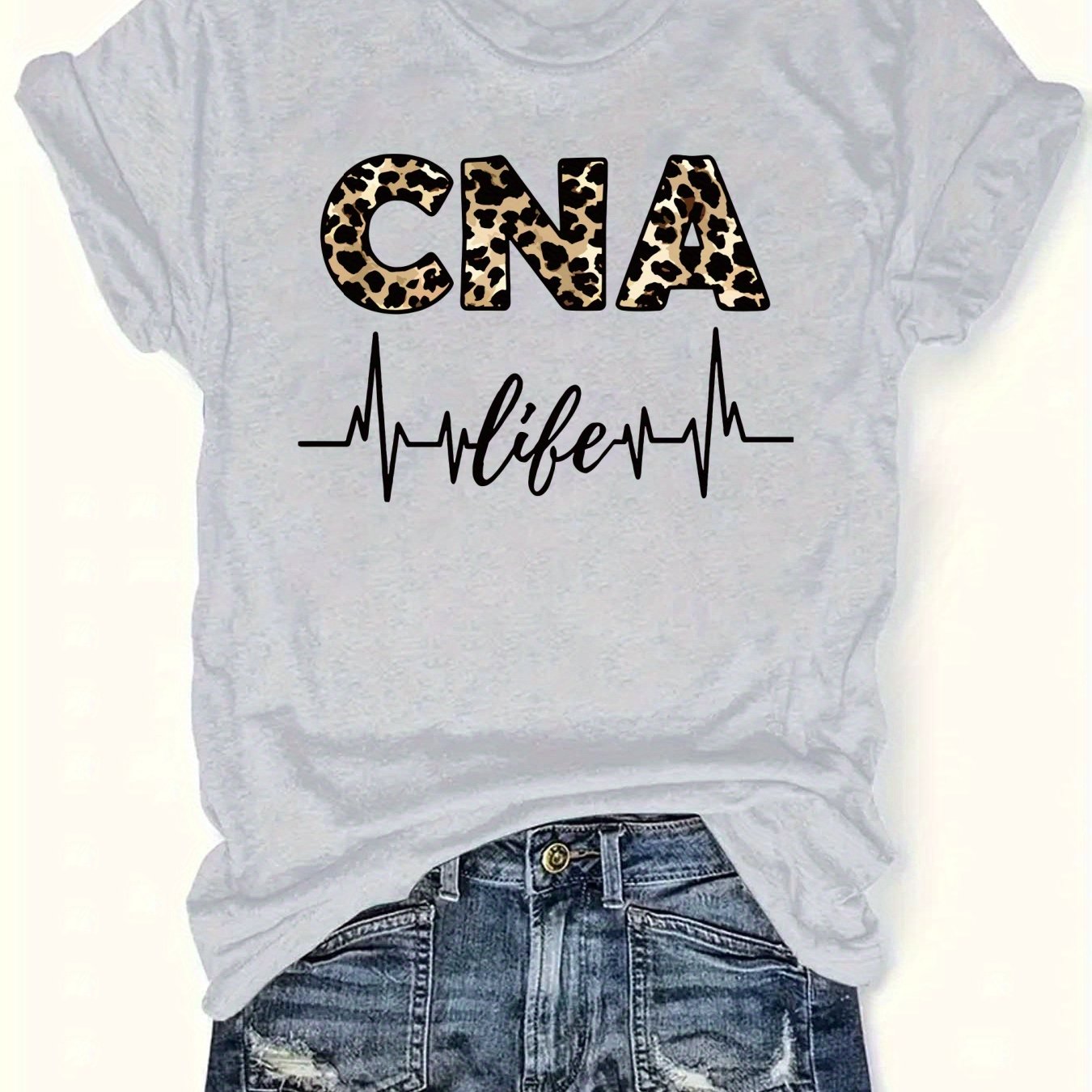 Women'S Casual CNA Graphic Tee - Red Crew Neck T-Shirt with Leopard Print "CNA" Design & Heartbeat Line, All-Season Fashion, Casual Wear|Leopard Print Top|Comfortable Fit, Nurses Shirt