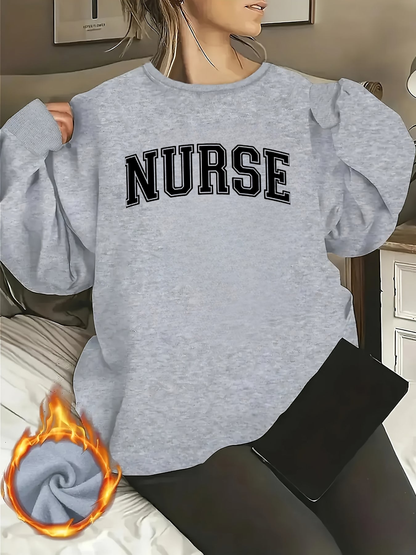 [Relaxed Fit] Women's "NURSE" Letter Print Crew Neck Sweatshirt - Cozy Long Sleeve Pullover, Casual Loose Fit, Perfect for Fall/Winter, Machine Washable, Polyester, Casual Wear|Casual Style|Machine Washable Garment