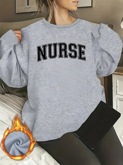 [Relaxed Fit] Women's "NURSE" Letter Print Crew Neck Sweatshirt - Cozy Long Sleeve Pullover, Casual Loose Fit, Perfect for Fall/Winter, Machine Washable, Polyester, Casual Wear|Casual Style|Machine Washable Garment