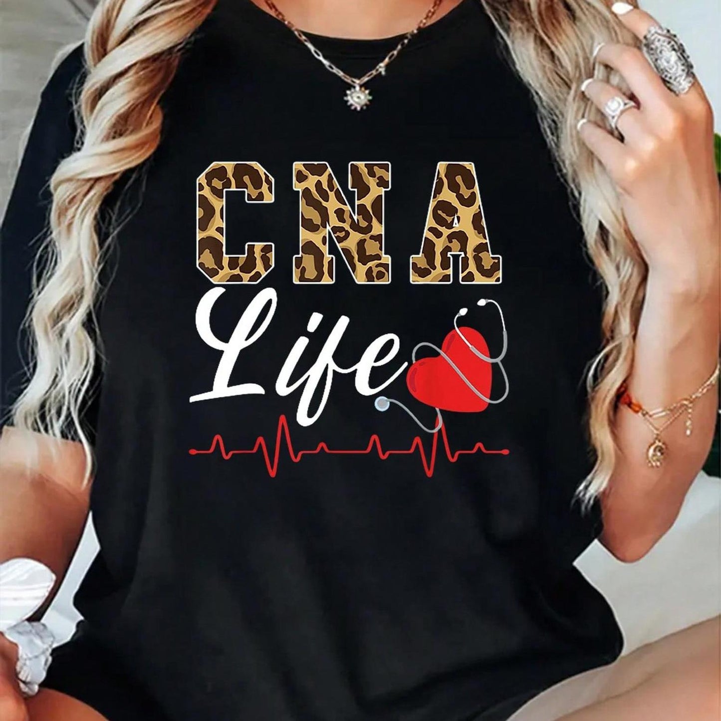 CNA Life Graphic Tee - Women’s Casual Round Neck Short Sleeve T-Shirt, Black with Leopard Print & Medical Heartbeat Design, Soft Fabric, Perfect for Summer, Ladies T Shirts