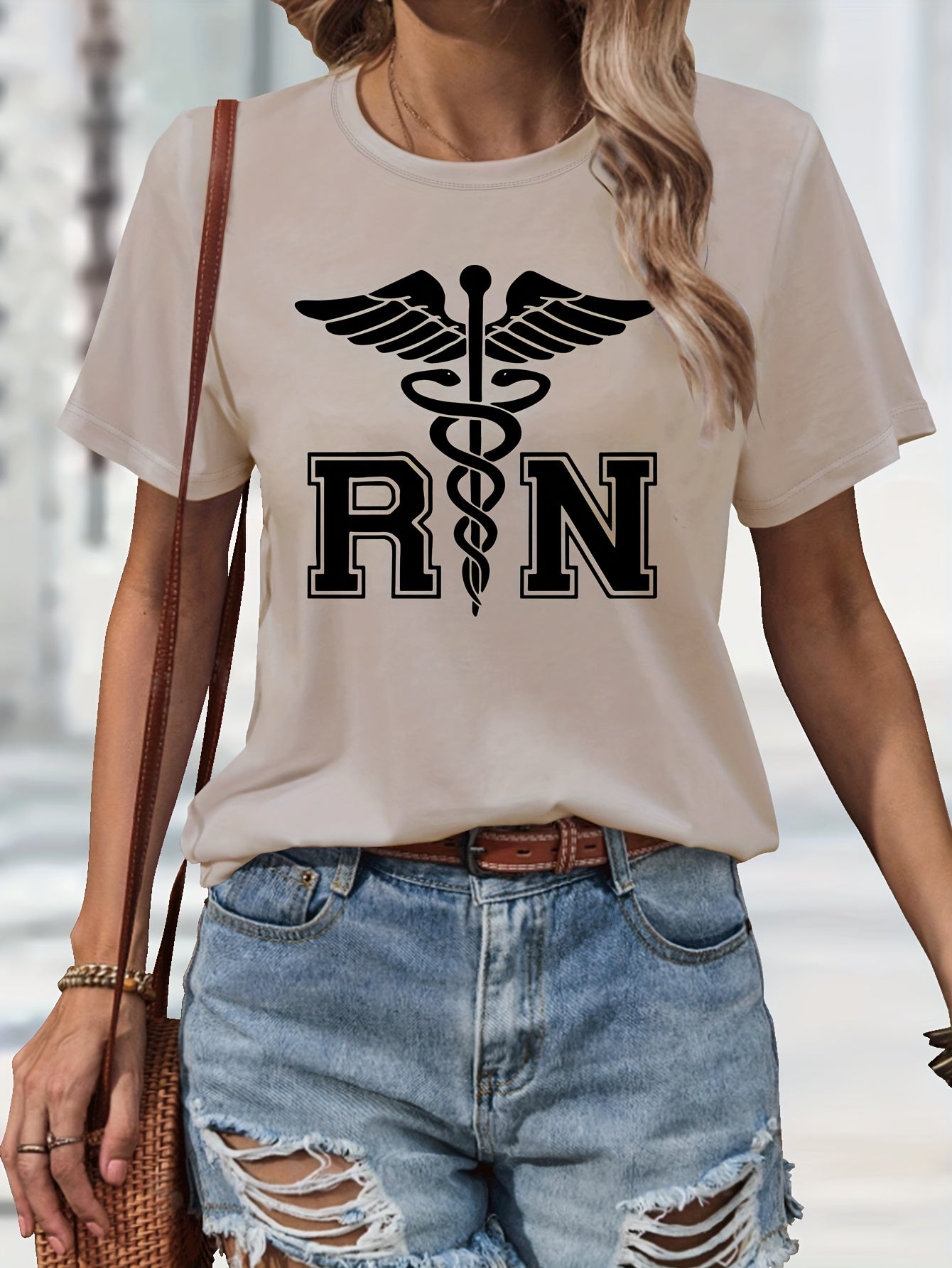 Women's Casual Nurse T-Shirt with RN Graphic - Black Short Sleeve, Round Neck, Machine Washable, Polyester Blend, Comfortable Casual Attire, Nurse Shirt